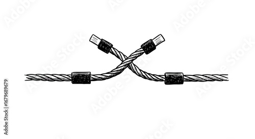 Hand drawn crossed ropes with knots in black and white sketch style