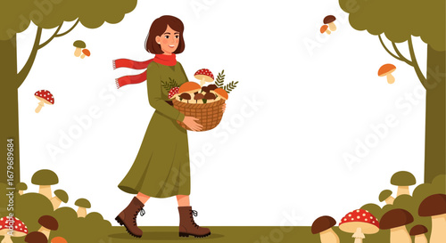 Woman gathering mushrooms in the forest during the autumn season illustration design