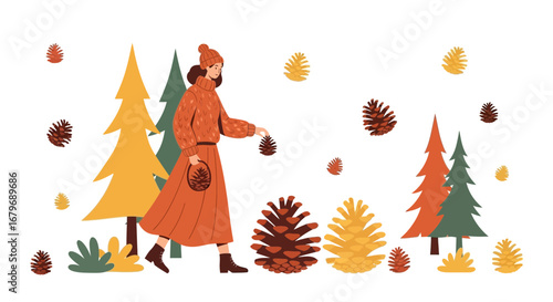 Woman gathering pine cones in an autumnal forest setting, perfect for the fall season