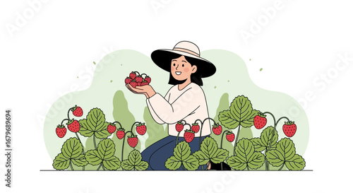 Woman Gathering Strawberries In Her Garden, Harvesting Fresh Fruit, Outdoors With Hat