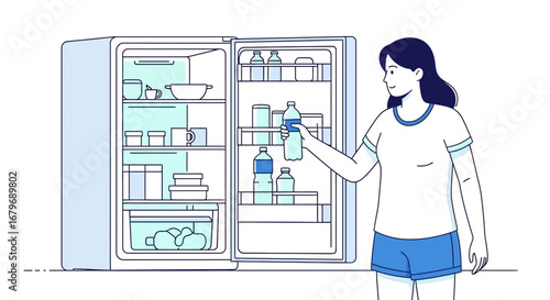 Woman Grabbing Water Bottle From Open Refrigerator, Simple Illustrated Style