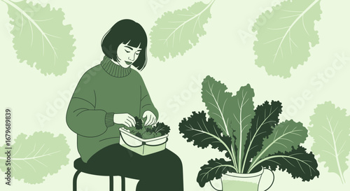 Woman Harvesting And Arranging Fresh Kale Leaves For Culinary Preparation