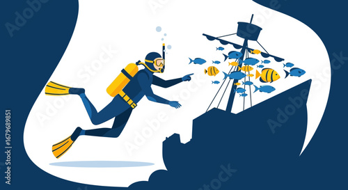 Exploring Marine Secrets: Scuba Diver's Underwater Expedition by Sunken Ship Near Fish