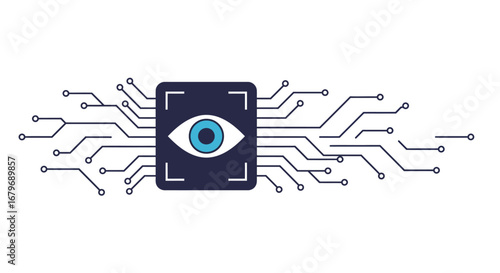 Futuristic eye symbol with circuit connections in minimalist style