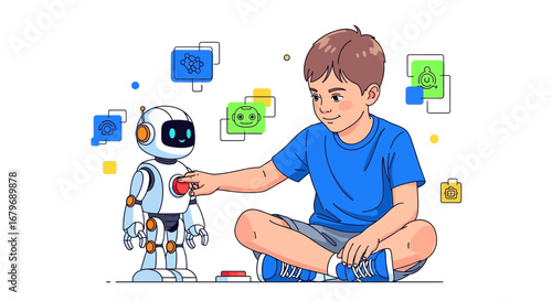 Exploring Robotic Concepts: Young Innovator Interacting With A Mechanical Companion Illustration