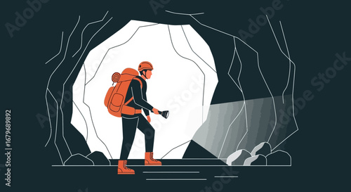 Exploring The Caverns: A Trekker Illuminating The Depths With A Flashlight