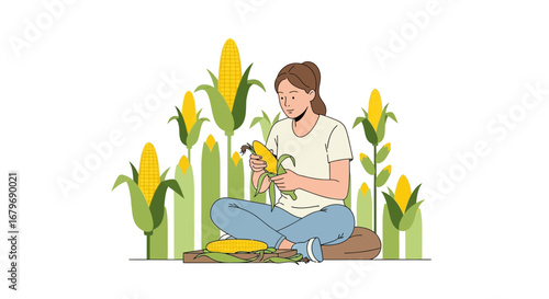Woman Harvesting Corn in Field with Colorful Illustration Harvesting Season Concept