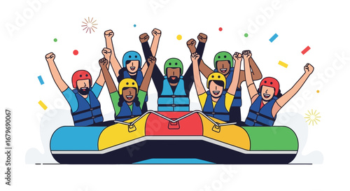 Exuberant Team Celebrates Whitewater Rafting Triumph With Upraised Arms In Festivity