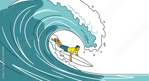 Extreme Surfing: A Dynamic Illustration Capturing the Thrill of Riding a Massive Wave