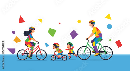 Family Adventures: Cheerful Bicycling Outing with Colorful Geometric Shapes and Joyful Moments
