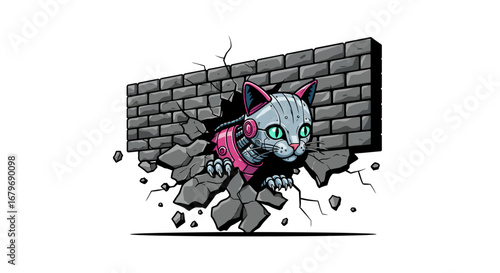 Robotic cat breaking through brick wall with futuristic charm