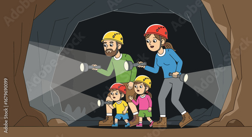 Family Adventure Inside A Cave Exploring The Unknown With Flashlights And Enthusiasm