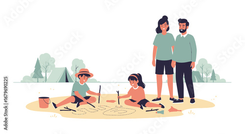 Family Camping Trip: Children Drawing with Sticks While Parents Observe, Happy Holiday Scene