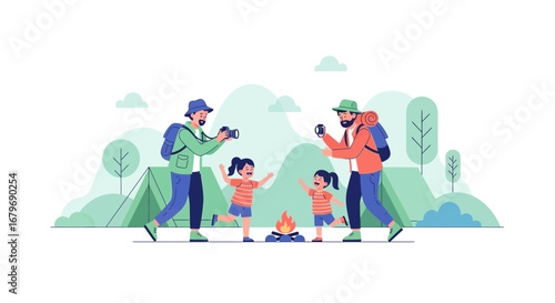 Family camping trip with children enjoying nature and storytelling around a campfire