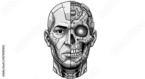 Half human half cyborg face illustrating futuristic technology and artificial intelligence concept