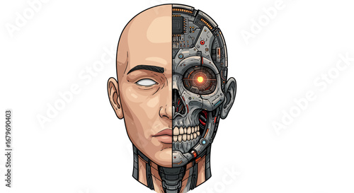 Human cyborg hybrid face with detailed robotic and realistic features