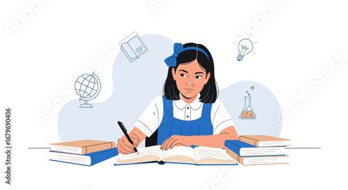 Young student writing in her notebook learning about education with creativity and illustrations