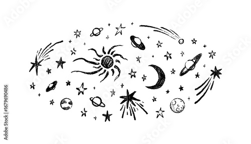 Hand drawn doodle charcoal outer space background. Crayon cosmic poster. Planets with crater, Earth, Jupiter, Saturn, shooting stars, meteors, comets black chalk scribble drawing on the blackboard