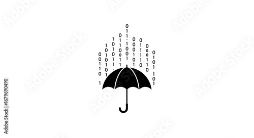 Binary code rain falling on an umbrella silhouette for technology concepts