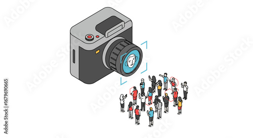 Isometric camera capturing crowd with face recognition technology concept