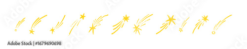 Set of hand drawn crayon shooting star, meteor, comet, asteroid. Cute kid doodle childish scribbles. Falling flying stars. Chalk, pastel school children drawing on blackboard. Space, cosmic background