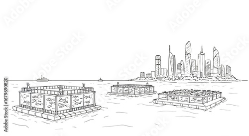 Modern aquaculture near futuristic city skyline in line art style