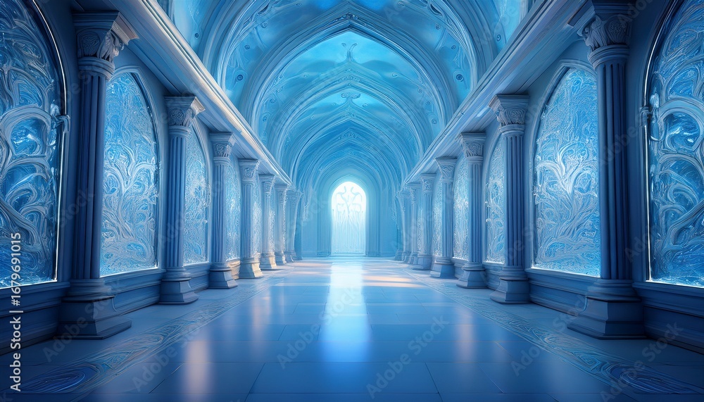 Fototapeta premium a stunning fantasy icy palace hallway bathed in ethereal blue light with intricate details and a majestic otherworldly ambiance