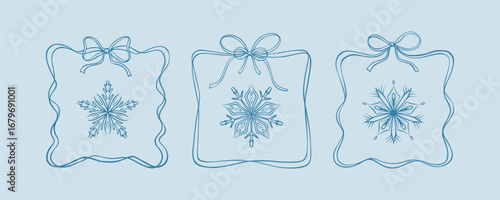 Set of coquettish hand drawn doodle square bow ribbon frames and cute sketch snow flakes. Design elements for Christmas greeting cards, New year and bachelorette party invitations, restaurant menu