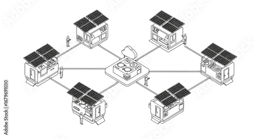 Isometric smart home network with solar panels and connected devices in line art