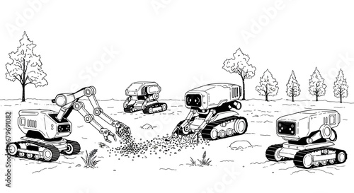 Futuristic robots working in a field with trees in linear style