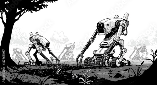 Futuristic farming robots in action on agricultural fields