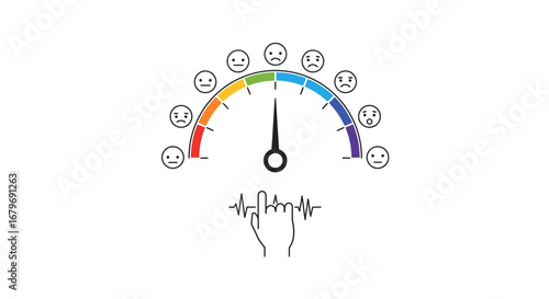 Emotion gauge with finger press gesture and colorful scale depicting various moods from happy to sad
