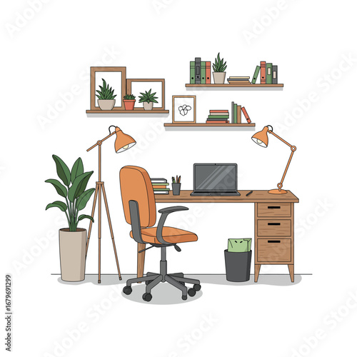 Office room interior with computer, laptop, desk, and ergonomic chair