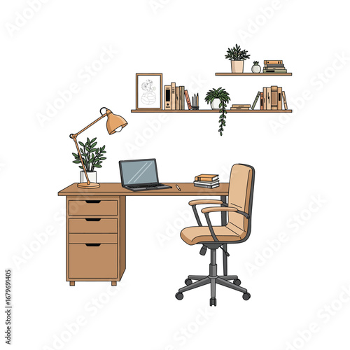 Modern luxury office room interior design with a wooden desk, computer, and stylish chairs