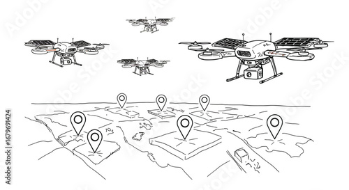 Drone delivery concept with gps markers in linear style