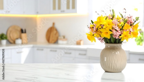 Daffodils in a vase on marble counter