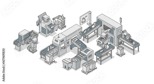 Isometric factory layout featuring conveyor belts and industrial machines