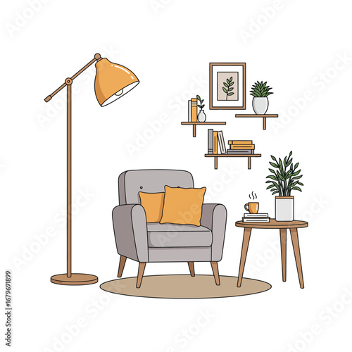 Modern living room with comfortable furniture, a wooden coffee table, and large window