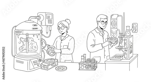 Scientists working in laboratory with 3d bioprinter and cultured meat
