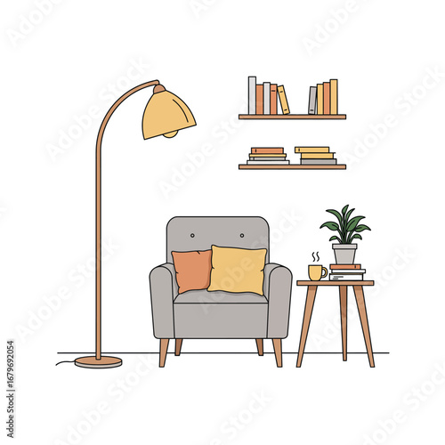 Stylish and comfortable contemporary interior design with a wooden armchair, table, and television in a cozy living room