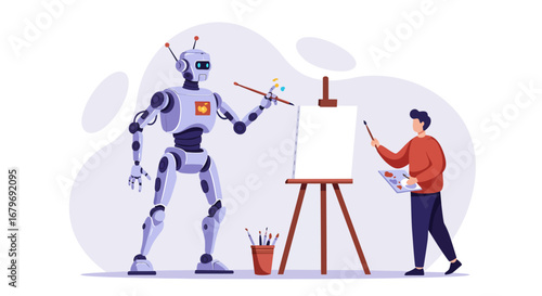 Human and robot collaborating on art creation with easel and paintbrushes