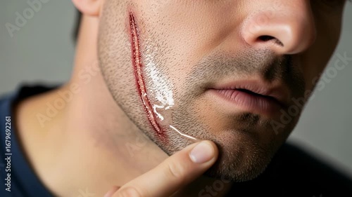 Young man applies healing ointment to a cheek wound at home during the afternoon