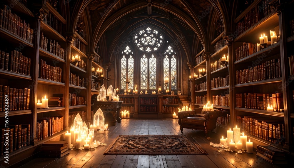 Fototapeta premium Enchanted library with gothic windows