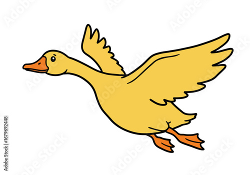 Yellow Duck in Flight Illustration on White Background.