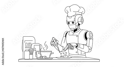 Robotic chef preparing meal in futuristic kitchen: modern culinary technology