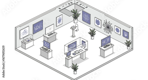Isometric technology exhibition room with interactive displays and digital art on walls