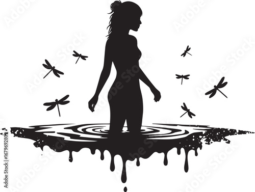 Silhouette of a woman standing in water surrounded by dragonflie
