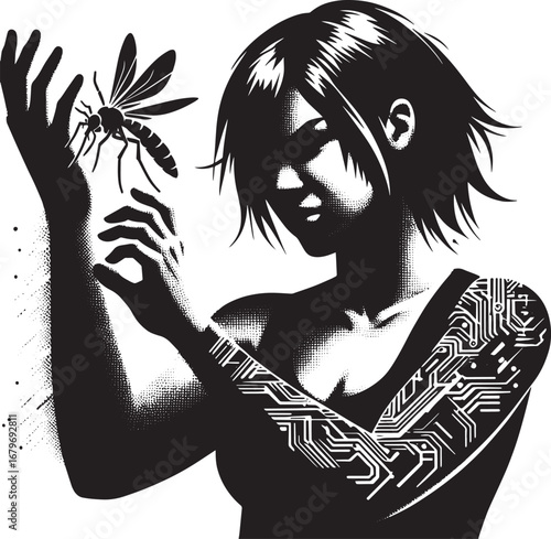 Illustration of a Woman Interacting with a Futuristic Wasp, Vector Graphic Art, Black and White