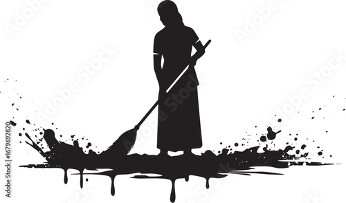 Silhouette of a woman sweeping with abstract ink splash design e