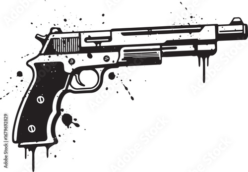 A striking monochrome illustration of a semi-automatic handgun w